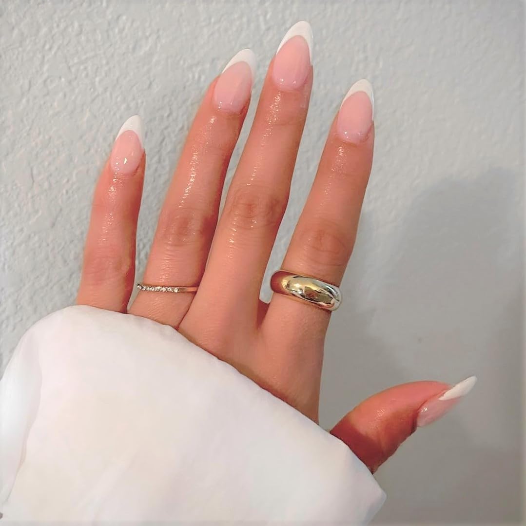Press On Nails Almond - White French Tips Press On Nail Short, Supremely Fit & Natural Soft Gel with Nail Glue, Reusable Stick On Nails in 15 Sizes -