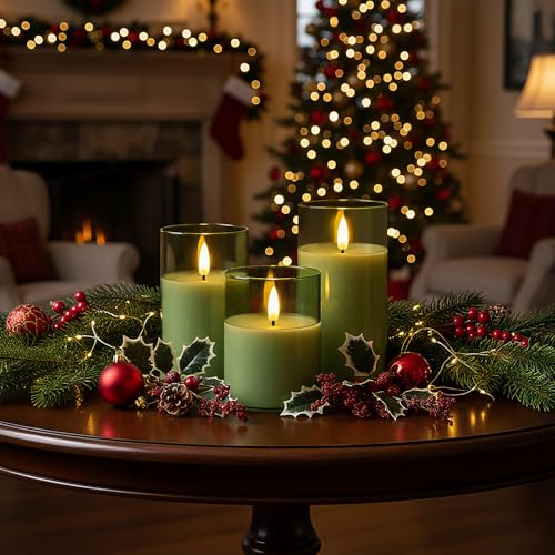 Image of Homemory Green Glass Flameless Candles, Battery Operated LED Pillar Candles with Remote Control and Timer, Radiance Candles, Real Wax, Set of 3,D3 xH4 5 inch 6 inch