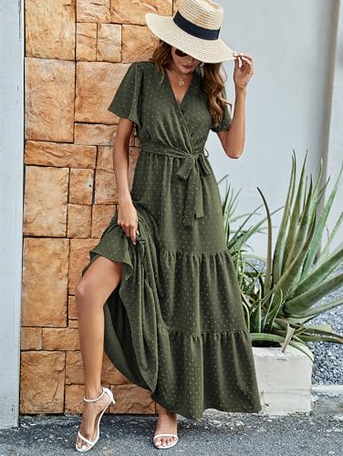 Image of MASCOMODA Women Boho Swiss Dot Maxi Dresses Wrap V Neck Flutter Short Sleeve Solid Tie Waist A Line Tiered Flowy Long Dresses