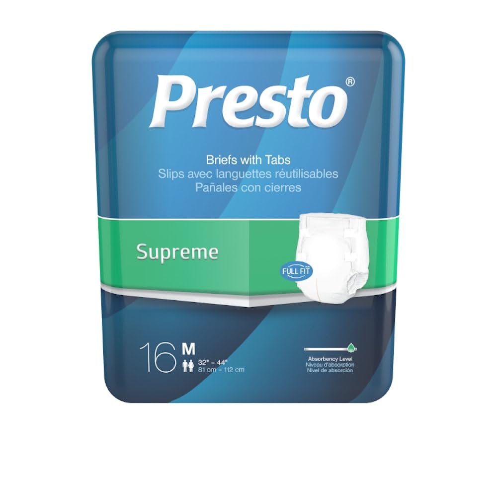 Presto Supreme Full Fit Adult Briefs with Tabs, Medium (32"- 44" Waist) – Unisex Adult Diapers with Tabs – OdorSecure, MoistureLock Dual Core & Soft Materials – 96 Count (6 Packs of 16)
