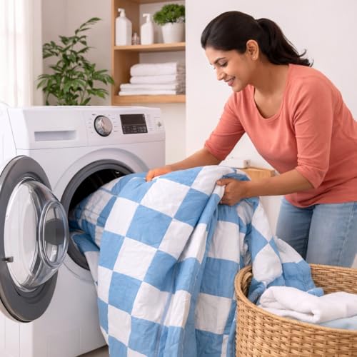 Image of Double Bed Dohar Blue & White Checkered | Lightweight Summer Quilt | Pure Cotton AC Blanket | Breathable All Season Comforter | Skin Friendly Bed Cover