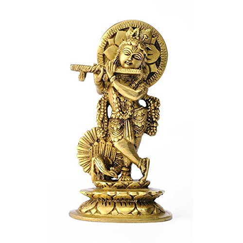 Devyom Flauta de juego de dios hindú Krishna, figura de latón fino (15,24 cm, 7,88 cm, 5,72 cm)
