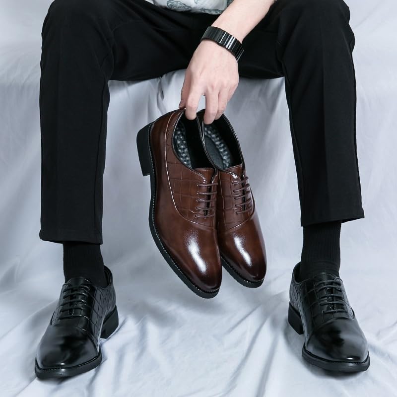 Men's Leather Shoes Retro Pointed Chunky Heel Non-Slip Business Dress Shoes Waterproof Formal Derby Shoes for Men(Black,8)2