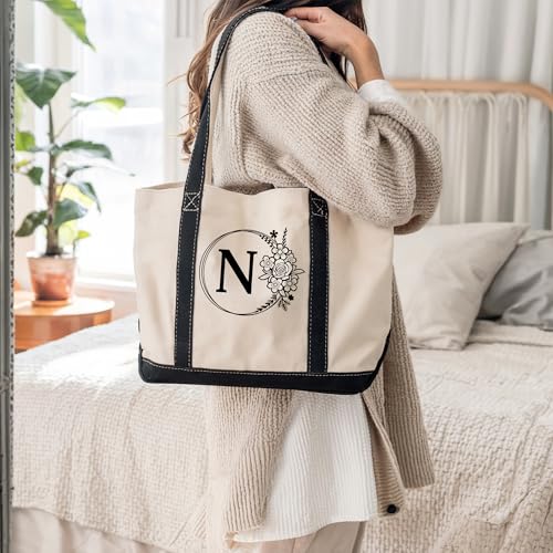 GODMERCH Personalized Initial Canvas Beach Bag, for Wedding, Birthday, Perfect Gifts for Women, Mom,Bridé,Teachers, Friends3