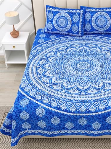 Image of RajasthaniKart 144 TC Pure 100% Cotton Double Bed Sheet with 2 Pillow Covers (Bedsheet for Double Bed Cotton, Blue Star Jaipuri, King Size,5296)