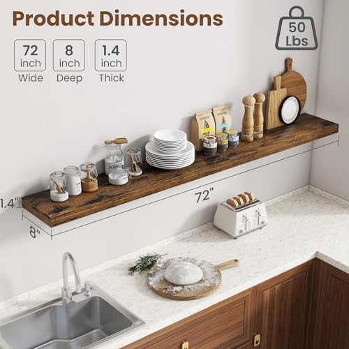 Image of 72 Inch Floating Shelves for Wall, 8 Inch Deep Floating Shelf for Storage & Display, Wall Mounted Shelf with Invisible Brackets for Living Room, Kitchen, Bathroom, Home Decor, Set of 2, Rustic Brown