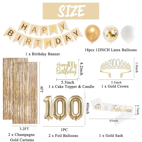 Image of Trgowaul 100th Birthday Decorations for Women, Banner, Sash and Crown, Cake Topper, 100 Number Balloon, Fringe Curtains, Champagne Gold 100th Birthday Party Supplies