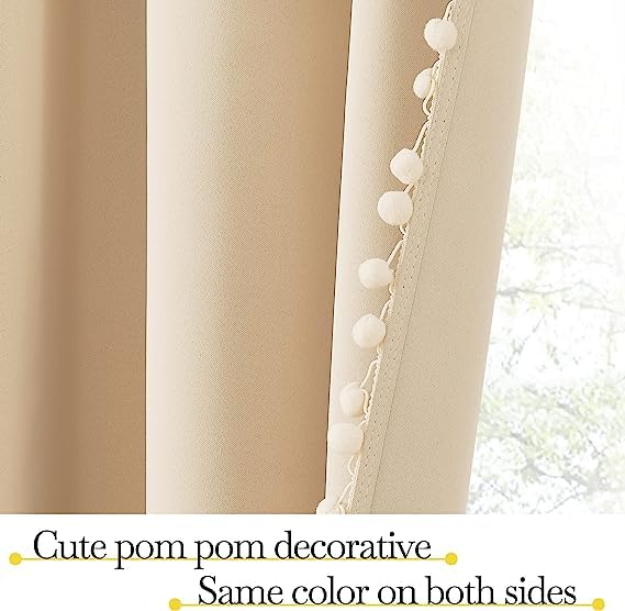 Image of Amazon Brand - Umi blackout Velvet Eyelet Door Curtains with pom pom Lace for Living Room Bedroom Kitchen 1 pc Pack in Beige Color (Windows - 4 feet x 4 feet)|Solid