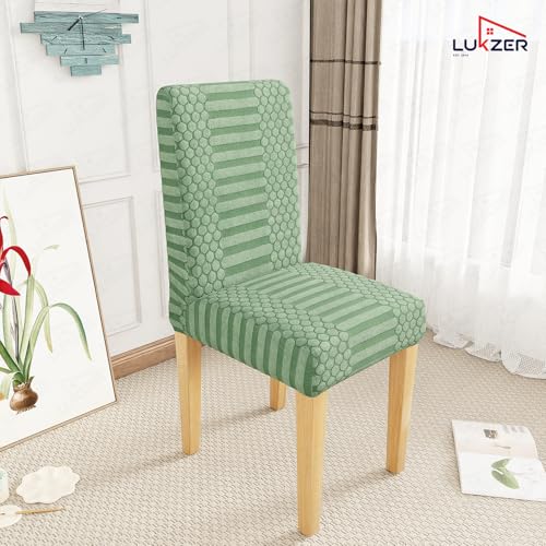 Image of Lukzer Elastic Dining Chair Cover - 2PC Pastel Green Dotted Stripe | Textured High Stretch Jacquard Seat Cover | Removable Washable Short Dining Chair Cover Protector Seat Slipcover | (CC-066-02)