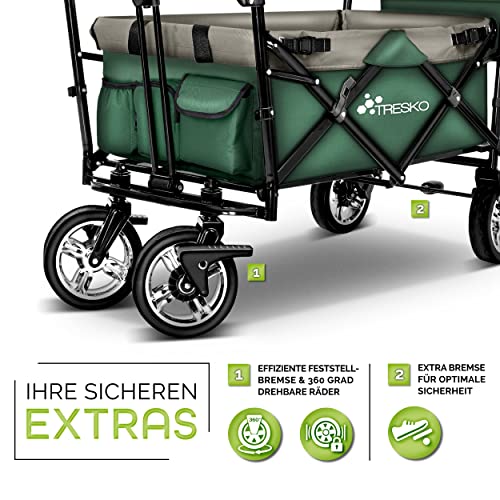 TRESKO® Bollerwagen faltbar mit Dach | Handwagen mit 2x3-Punkt Gurtsystem | Gartenwagen klappbar bis 80 kg | Transportwagen mit Vollgummi-Reifen + Vorder- und Hinter-Bremse + Tragetasche (Grün)