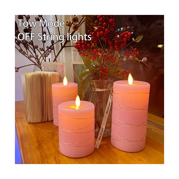 Fanzir Pink Flameless Candles with String Lights Battery Operated Flickering LED Pillar Candles