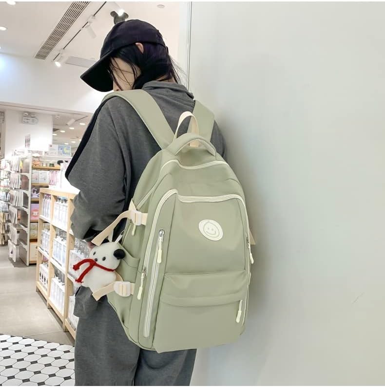 Preppy Backpack with Cute Pendant Women Smile Face Laptop Backpack Kawaii Lightweight Aesthetic College Backpack (Sage Green,One Size) - Image 3