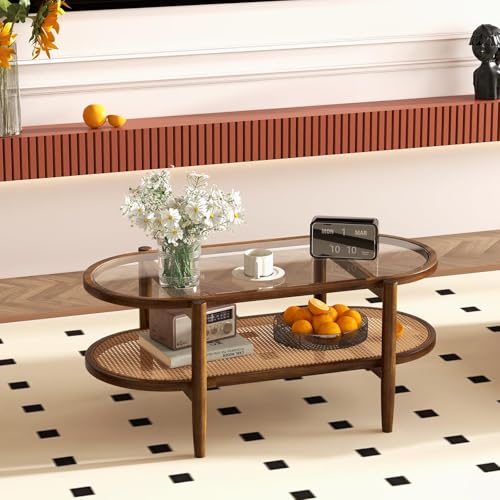 GOPLUS Table Basse Salon, Table Basse Verre Ovale Vintage avec Plateau Verre Trempé et Cadre Bois Cintré pour Bureau et Maison, Charge 35+25KG 102x56x 47cm...