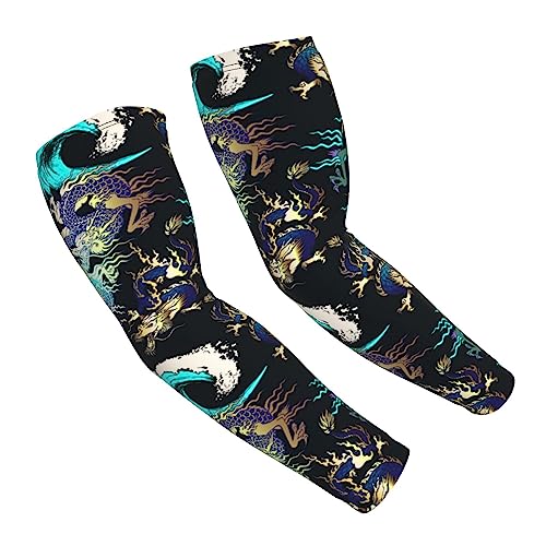 MZERSE Fashion Cooling Sun Sleeves UV Protection Arm Sleeves Compatible With Japanese Cool Ocean Wave Black Gold Dragon Arm Cover Sleeve, Non Slip Arm Sleeves for Men Women