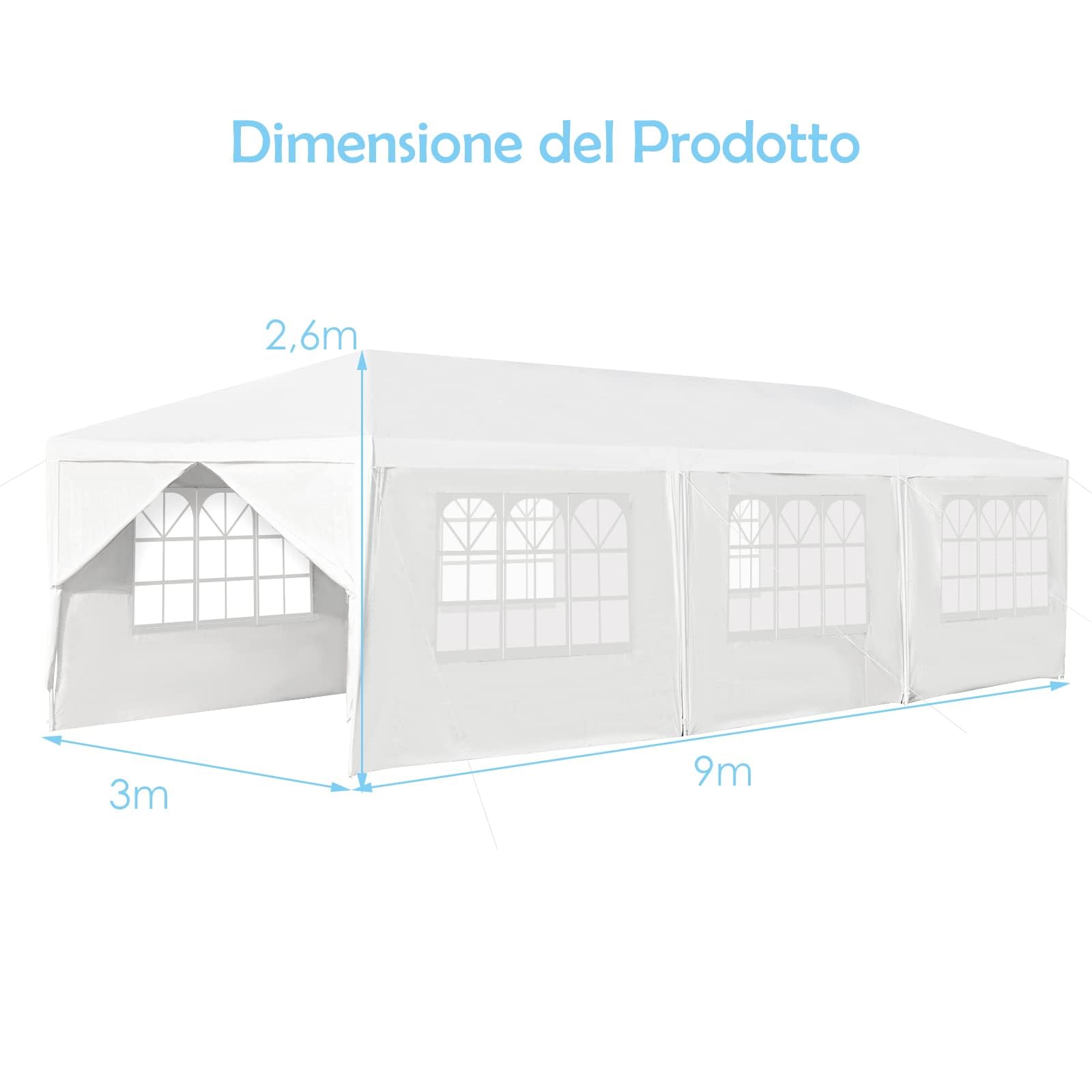 RELAX4LIFE Carpa Plegable 3x9m con 8 Paredes Desmontables y Ventanas, Carpas para Exteriores con 8 Cuerdas de Viento, 24 Clavos y Bolsa de Transporte, Cenadores para Jardín, Camping (3X9M-8 Paredes)