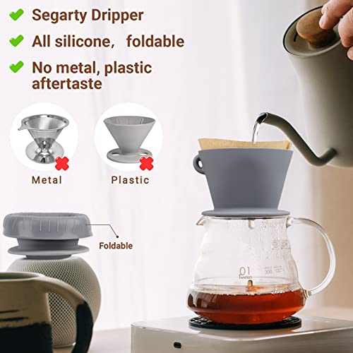 Image of Segarty Silicone Coffee Dripper, Gray Single Cup Pour Over Coffee Maker with Storage Pouch, Size NO.2 Reusable Cone Drip Filter Holder Slow Brewer with 3 Holes for Travel, Camping, Backpacking