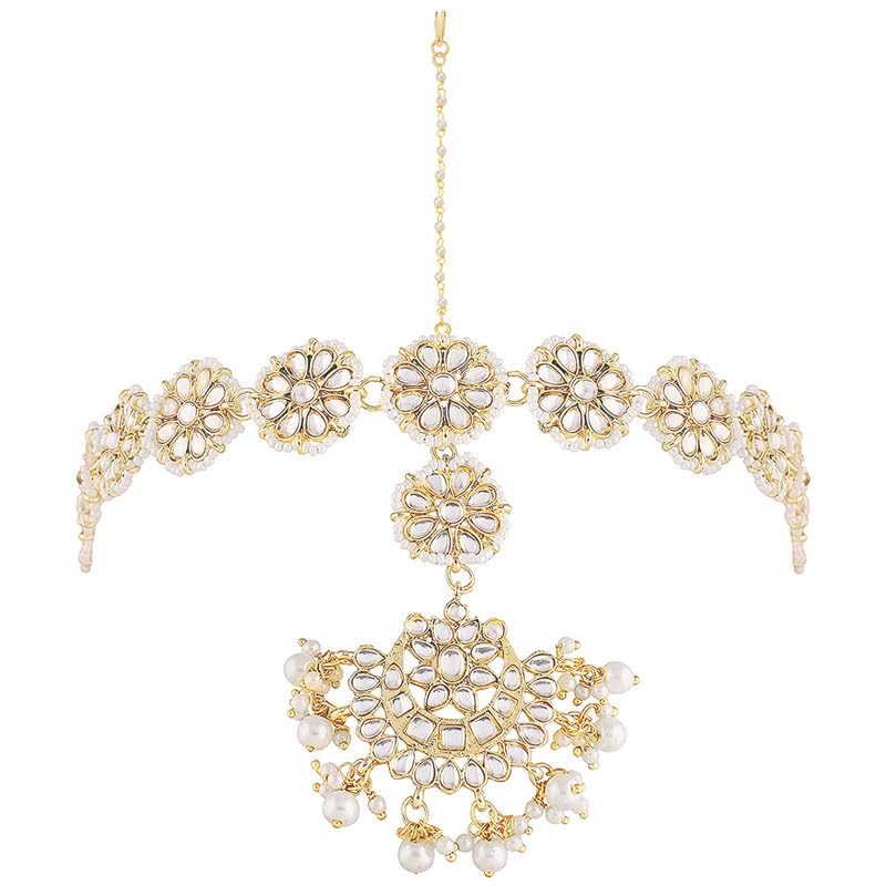Aheli Gold Plated Traditional White Kundan Pearl Maang Tikka Matha Patti Gift for Women