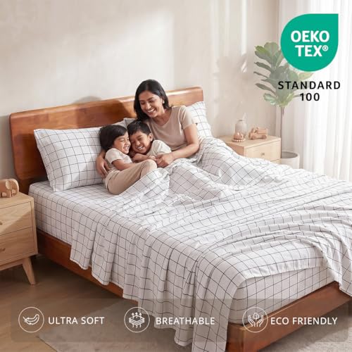 Image of LANE LINEN 100% Organic Cotton Bedsheet for King Size - Windowpane Charcoal | GOTS Certified, Percale Weave, 108x108 inches, Soft & Breathable, Machine Washable, Includes 2 Pillow Covers