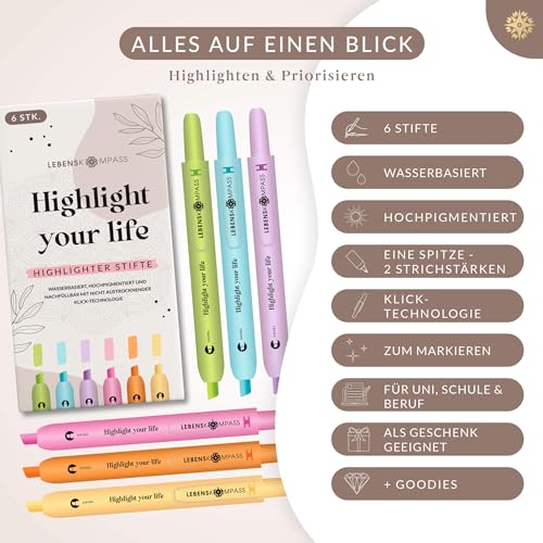LEBENSKOMPASS® Textmarker Set mit Klick-Technologie - Highlighter Pen Set mit 6 leuchtenden Farben - Pastell Textmarker mit Klick-Technologie - perfekte Marker für Bücher, Lernen & Bullet Journal