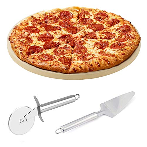 MOLPE Pizza Stones for Grill and Oven, Cordierite Cooking Stone 13 Inch Round, Thermal Shock Resistant Baking Stone for Pizza, BBQ and Bread with Pizza Cutter and Pizza Paddle (13 inch)