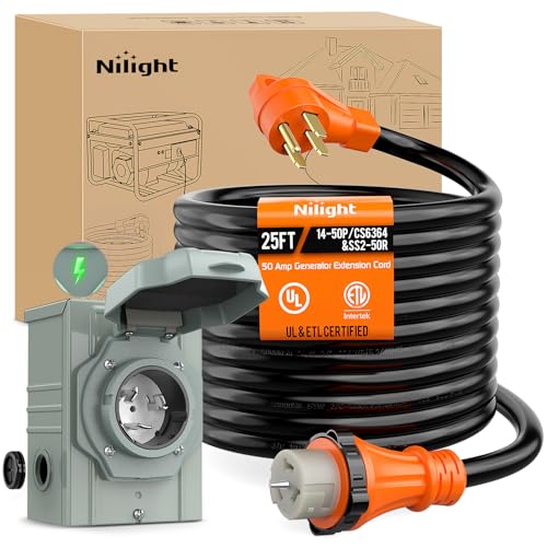 Image of Nilight 50A 25FT Generator Extension Cord and Power Inlet Box 125 /250V Heavy Duty 6 /3+8 /1 Gauge STW ETL Listed NEMA 14-50P /SS2-50R Twist Lock Connector for RV Outdoor Use