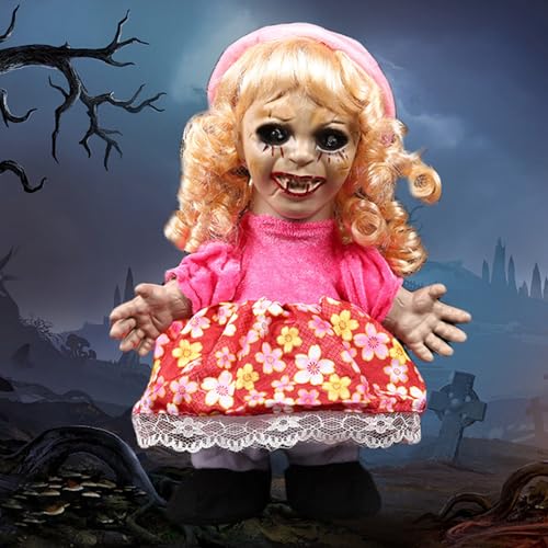 Muñeca espeluznante de 11.8 pulgadas muñecas de halloween muñeca de miedo con ojos iluminados sonidos de horror ＆ movimientos horror con batería para la casa embrujada decoraciones de halloween niña