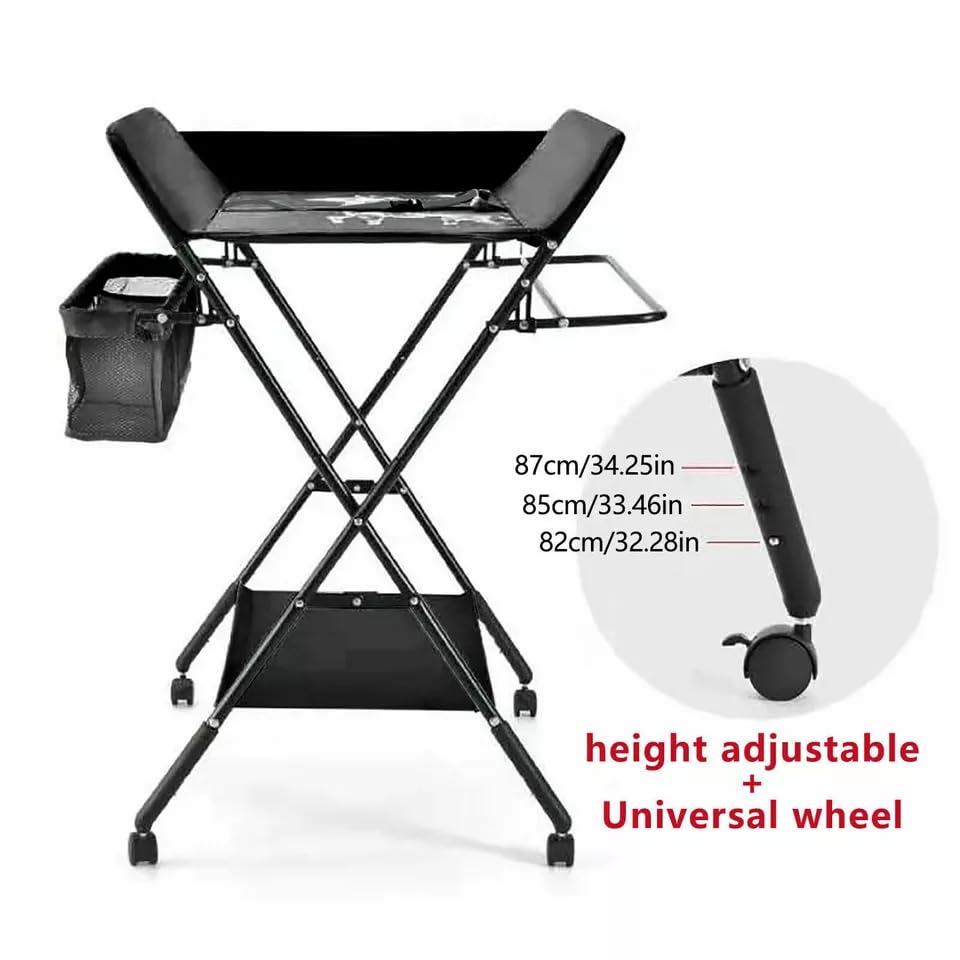 Cambiador de bebé plegable con ruedas, cinturón de seguridad y compartimentos de almacenamiento, cambiador plegable para recién nacidos, almacenamiento para niños pequeños, color negro