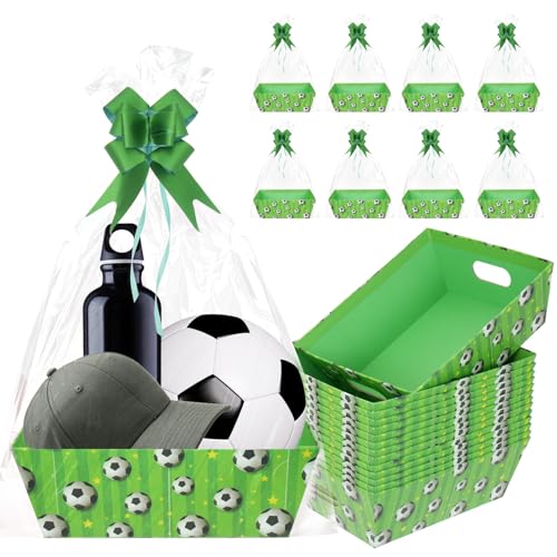 CODOHI 14 Sets Soccer Baskets for Gifts Empty with Clear Bags and Decorative Bows Soccer Empty Gift Basket Kit for Senior Night Birthday Holidays and Sport Team Party Favors 8.5 x 10 Inch(Green)