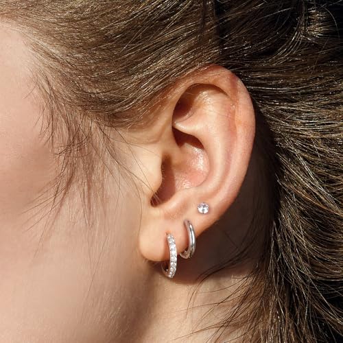 9 Pairs Small Silver Huggie Hoop Earrings Set for Women,Surgical Steel Hypoallergenic Cubic Zirconia Stud Earrings Cartilage Multiple Piercing for Women2