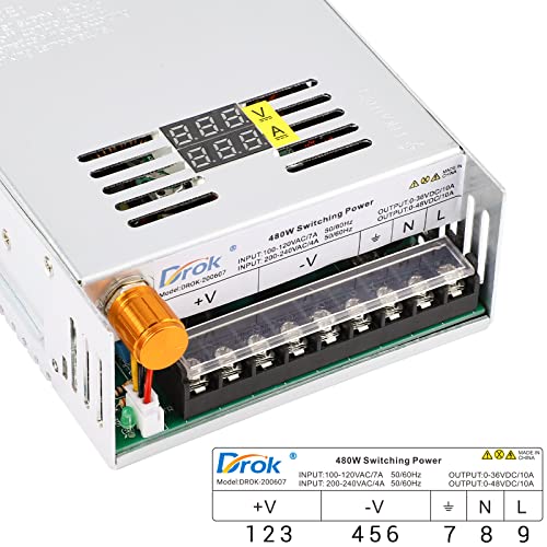 Image of DROK 48V Power Supply, AC 110V /220V to DC 0-48V 10A 480W Buck Converter Dual Display, Variable Adjustable Transformer Regulated 5V 12V 24V 30V 36V 48V Volt Switching Voltage Adaptor 10A Amp Charger