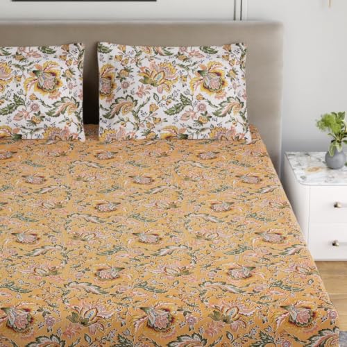 Image of Home Ecstasy 100% Cotton Jaipuri Bedsheet for King Bed, 140TC, 1 Bedsheet (Size 90 x 108 inches) with 2 Pillow Covers, Mustard