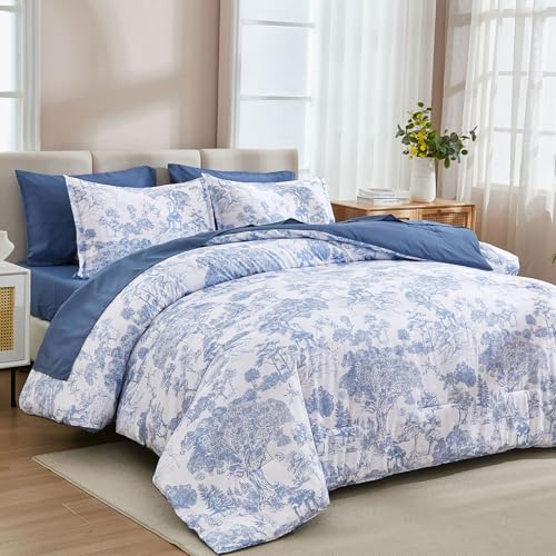 Image of DJY Blue Comforter Set Twin Size,5 Pieces Botanical Comforters with Sheets Elegant Plants Print Soft Microfiber Reversible Complete Bedding Sets for All Season