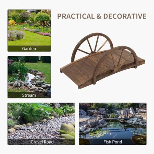 Praxatek Wooden Garden Bridge, 3.3ft Arc Footbridge with Half-Wheel Style Railings, Solid Fir, Brown, 330 lb Capacity - Thumbnail 6