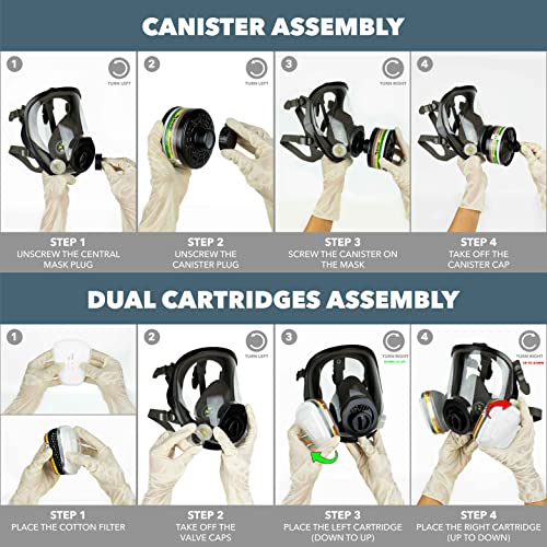Vollgasmasken-Atemschutzgerät RHINO RH-7011B (ABEK2P3R), wiederverwendbar für organische, anorganische Dämpfe, saure Gase, Ammoniak, Begasung, Farbe | Gesichtsschutz, Messingfilter und Handschuhe