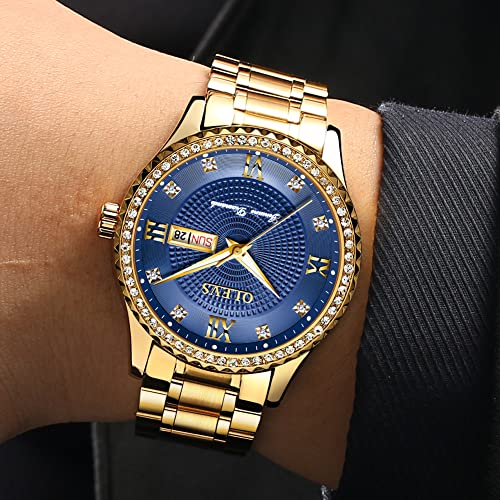 OLEVS Blue Watches for Men,Business Dress Diamond Watch Set Waterproof Luminous,Male Golden Big Face Luxury Casual Quartz Analog Wrist Watche with Day Date Stainless Steel Band