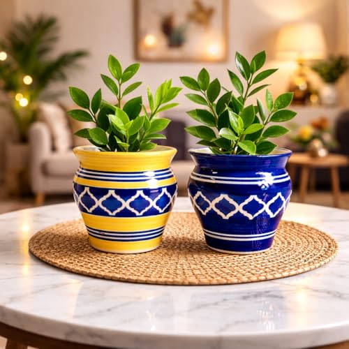 Image of Niyara Ceramic Planter Pots, Blue & Yellow Decorative Flower Pots for Indoor Plants, Home Decor, Office Desk, Balcony & Garden (Set of 2)