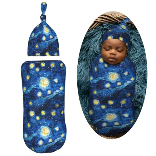 Image of Starry Sky Watercolor Painting Newborn Swaddle Blankets Hat Sets Soft Baby Receiving Blanket Swaddle Sack for Baby Shower Infant Boy Girl Gift