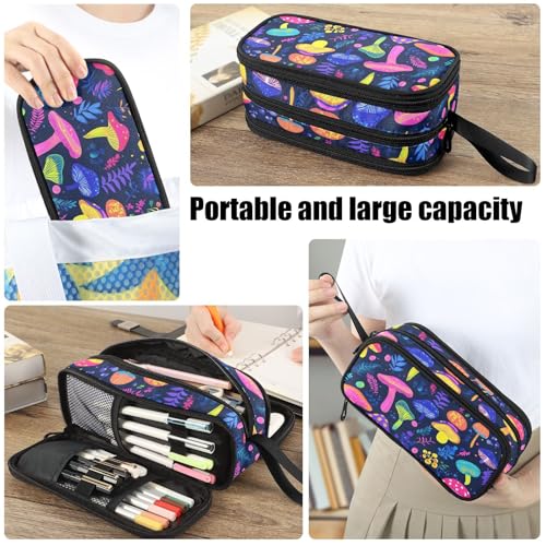 Image of Fustylead Neon Color Magical Fairy Mushrooms Large Pencil Bag Storage Pen Case Makeup Pouch Stationery Bag for School College Office Organizer