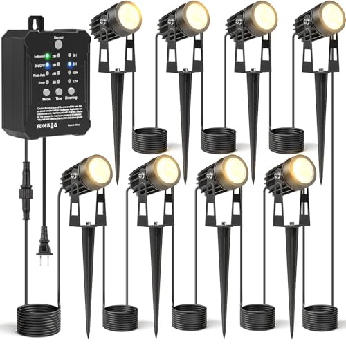 HIBOITEC Low Voltage Landscape Lighting with Transformer Photocell Sensor and Timer Spotlights Kit 68FT ETL Approved Wire Dimmable Waterproof 2700K for House Yard Trees Garden Plants Outdoor 8 Packs