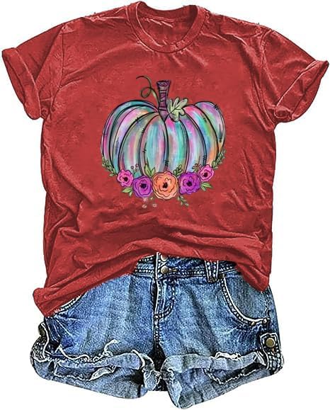 Fall Shirts for Women Casual Cute Pumpkin Graphic T-Shirts Novelty Halloween Tee Autumn Thanksgiving Tops