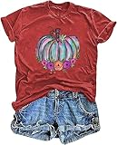 Fall Shirts for Women Casual Cute Pumpkin Graphic T-Shirts Novelty Halloween Tee Autumn Thanksgiving Tops(HFT-Brown06,Medium)