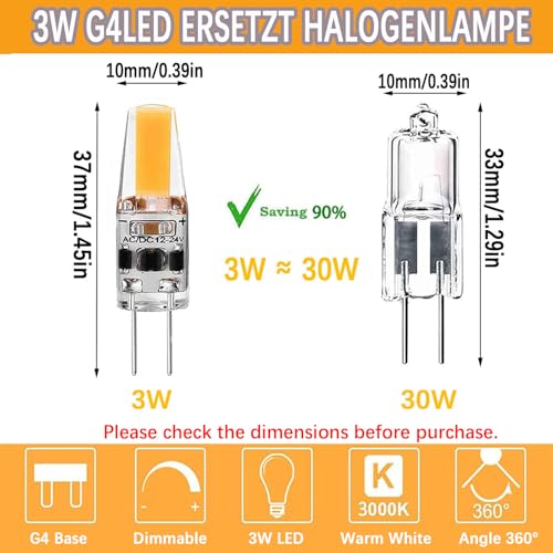 Żarówki LED G4, ściemniane 3 W, ciepła biel, 3000 K, AC/DC 12 V-24 V, energooszczędny zamiennik halogenu 30 W, bez migotania