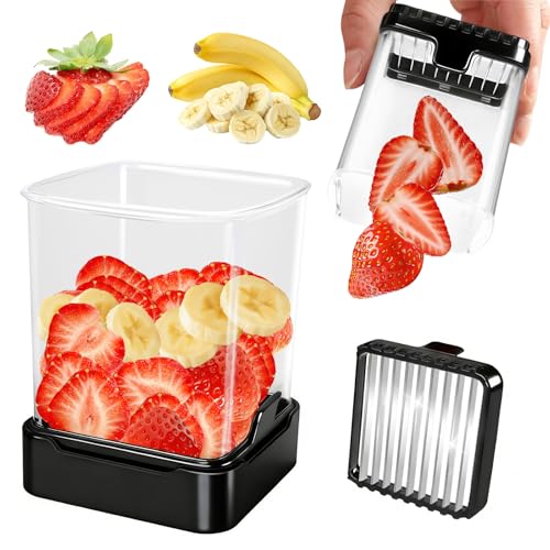 GENGCANG Fruit Slicer Cup for Strawberry, Banana, Hard-Boiled Egg - Detachable Cutter with Push Plate - Rapid & Safe Slicing Kitchen Gadget for Quick Meal Prep (Black)