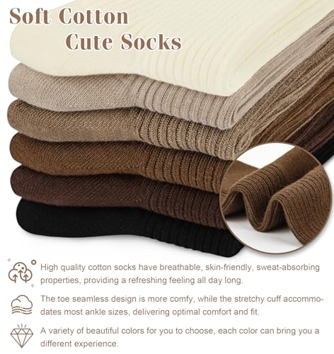 Image of YSense Women's Cotton Crew Socks 6 Pairs, Long Cute Aesthetic Neutral Athletic Boot Socks for Women Stocking Stuffers Gifts