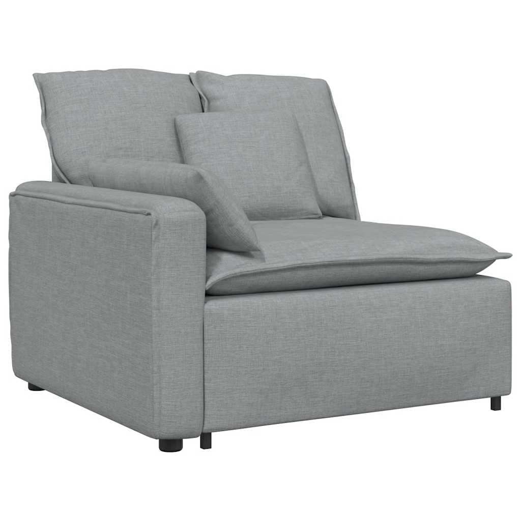 Modułowa sofa jasnoszara z podnóżkiem i poduszką, sofa do zabudowy, narożnik z metalowym stelażem, modułowy design, komfort siedzenia do salonu i wypoczynku