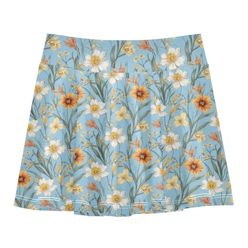 JUNZAN Flower Flowers Girls Tennis Skirts with Shorts Youth Pleated Skirt with Pockets Flowy Girl Golf Skirt Blue