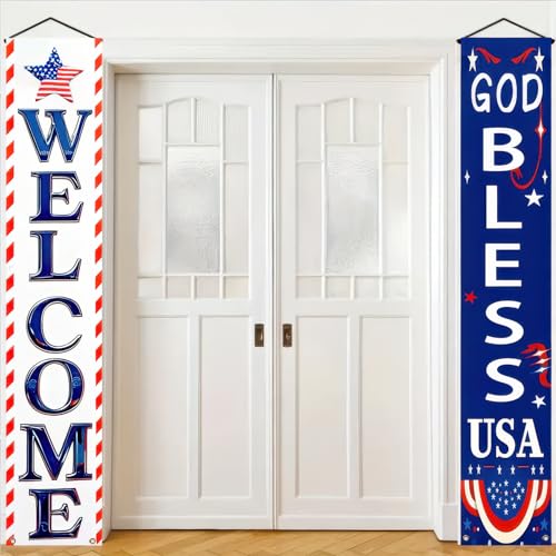 Image of BlissYard 2Pcs Welcome Patriotic Door Banner 4th of July Decorations American Banners Hanging Porch Signs Decor for Independence Memorial Day Veterans Labor Day for Yard Indoor Outdoor Supplies