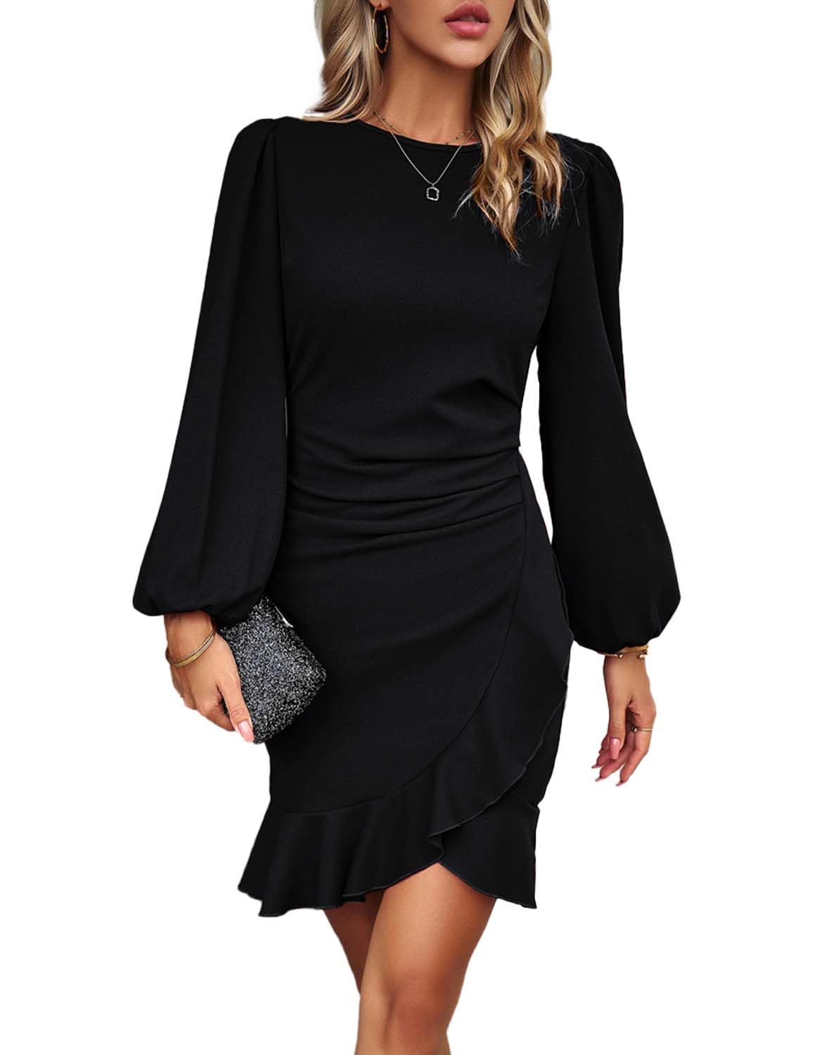 HUXRAKV Slim Vestito Donna Eleganti Maniche a Bolla Bodycon Orlo Irregolare a Coda di Pesce Business Abito da Cocktail Formale Lavoro Festa