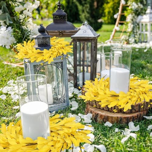 Image of 6 PCS Spring Forsythia Wreath Candle Rings Artificial Forsythia Farmhouse Candle Rings Pillar Holder Wreath Mini Spring Summer Floral Candle Rings for Rustic Wedding Home Table Centerpiece Decor