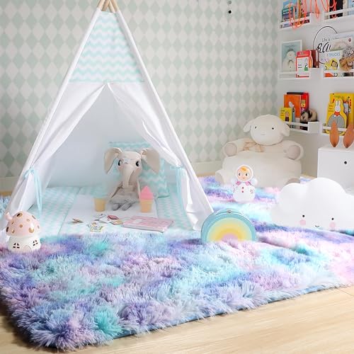 Amdrebio Purple Rainbow Area Rugs for Bedroom Girls Room Decor, Colorful Mermaid Stitch Frozen Kids Rugs for Playroom Nursery Dorm, Fluffy Furry Cute Shag 3x5 Small Kawaii Carpet for Baby Toddler